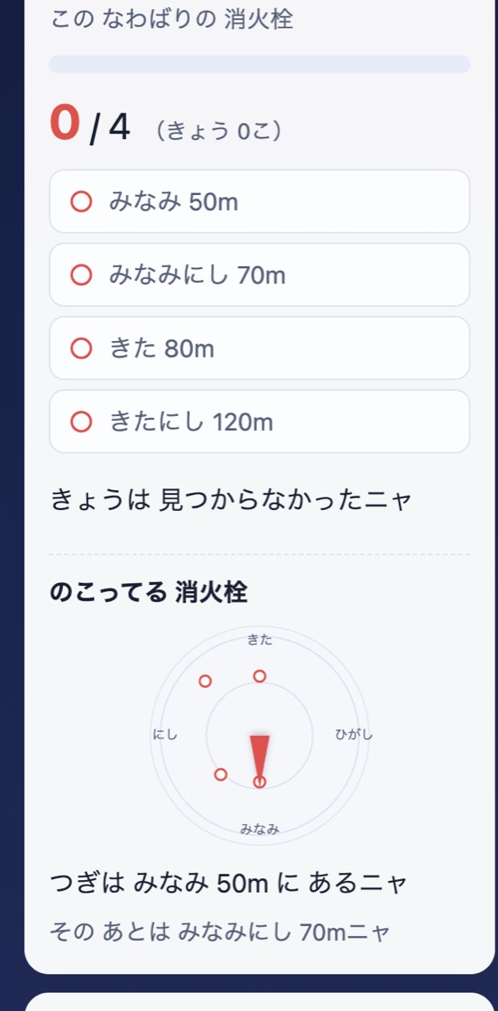 見つけた消火栓と、のこっている消火栓の方角を示すコンパス